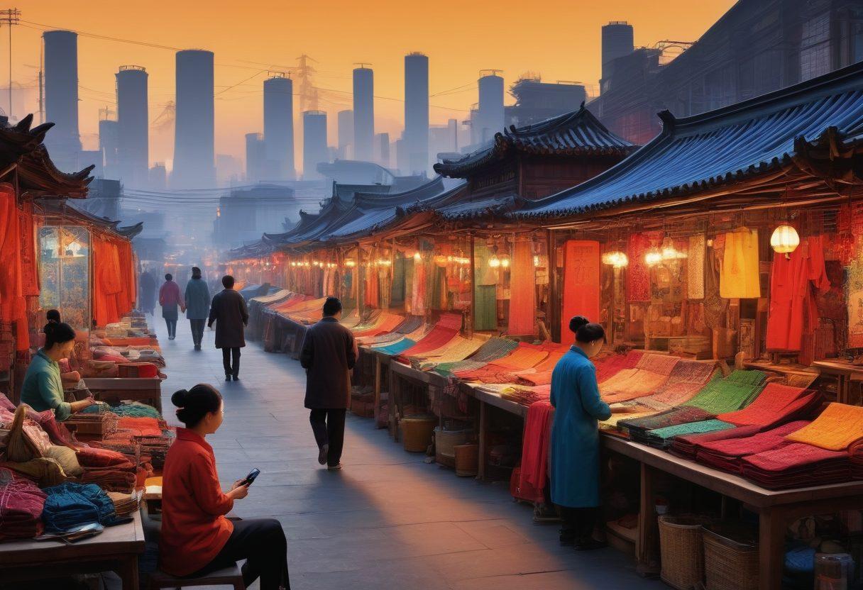 A bustling online marketplace showcasing diverse Chinese goods like textiles, electronics, and crafts, with silhouettes of factories in the background. Illustrate vibrant interactions between buyers and sellers through screens, hinting at digital communication. Include visual elements like a magnifying glass and a checklist representing quality sourcing. Emphasize cultural motifs and colors typical to China. super-realistic. vibrant colors. 3D.