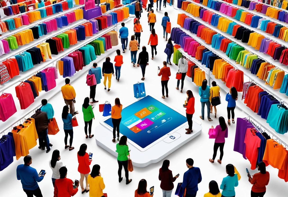 A visually engaging scene depicting a diverse group of shoppers exploring a vibrant online marketplace filled with various imported goods, featuring colorful product displays and a digital interface on their devices showcasing easy navigation. Highlight the excitement of shopping smart with dynamic elements like discounts and deals in the air. super-realistic. vibrant colors. white background.