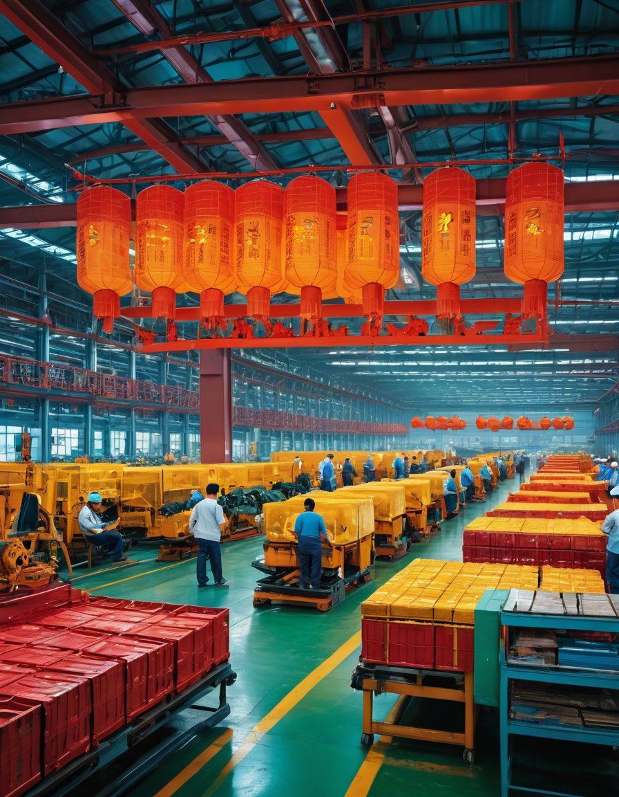 A dynamic scene showcasing a bustling Chinese manufacturing facility, with workers engaged in various stages of production. Include elements like intricate machinery, stacks of raw materials, and a vibrant display of traditional cultural motifs in the background. Overlay transparent graphs illustrating supply chain logistics. The atmosphere should evoke a sense of efficiency and innovation. super-realistic. vibrant colors. dynamic composition.